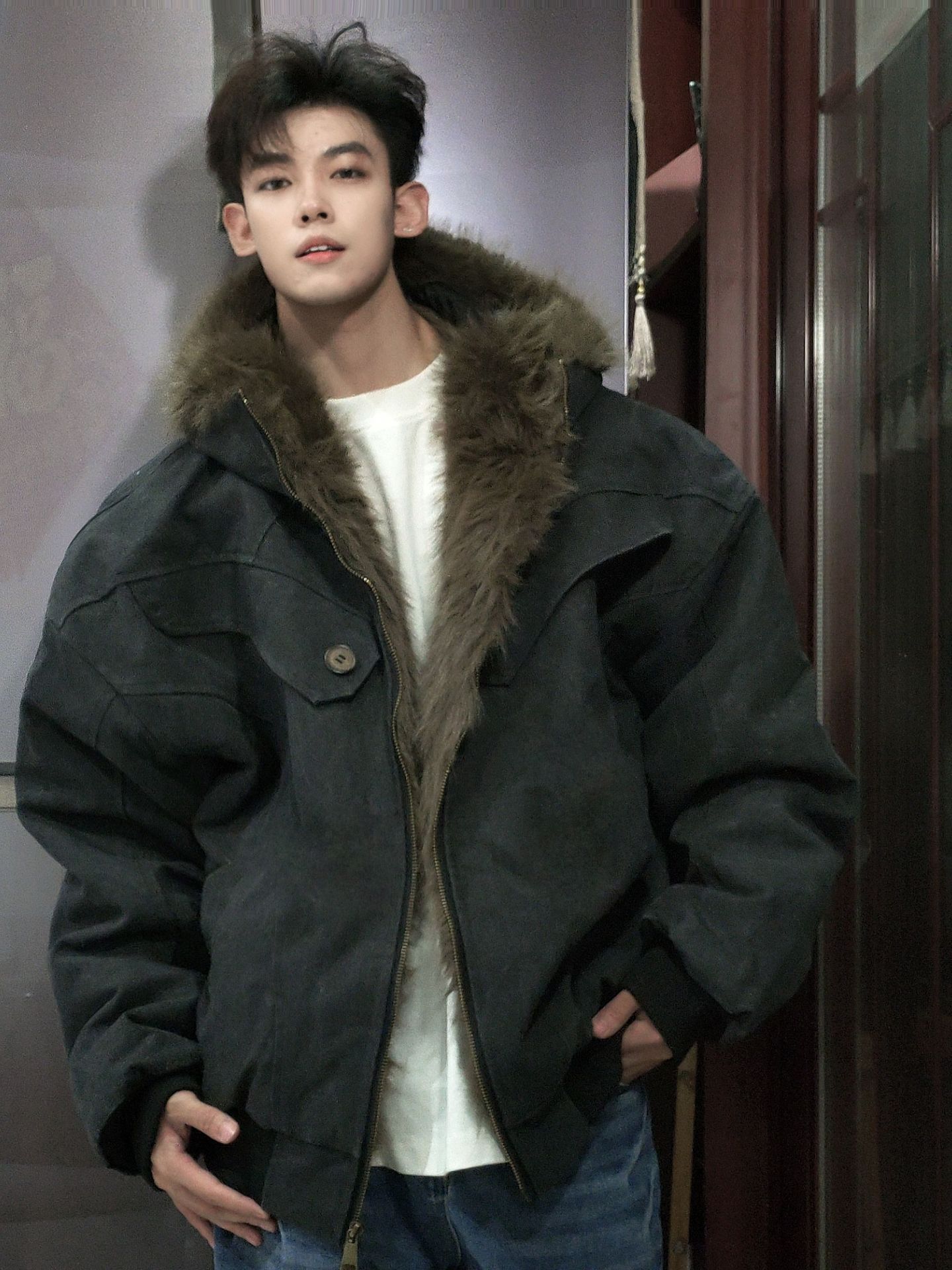 Fur Collar Bomber Jacket Mens  - Quality Winter Clothing Bomber Jacket avaliação e preço