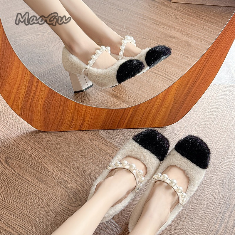 Chunky Heel Women's Furry Shoe - Winter Clothing For Woman avaliação e preço